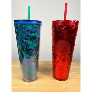 Starbucks Christmas Tumbler Cups SET/2 Blue Floral Red Diamond 24oz Straws NEW
